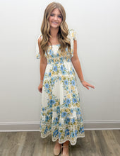 Load image into Gallery viewer, Take My Picture Floral Tie Strap Smocked Midi Dress in Blue Multi