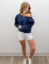 Load image into Gallery viewer, Ocean Drive- Essential Fleece Off Shoulder Top in Navy