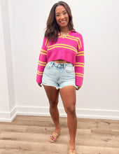 Load image into Gallery viewer, Deeper Than It Seems Stripe Crop Collar Sweater Top in Pink/Lime