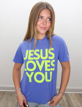 Load image into Gallery viewer, Jesus Loves You Neon Puff Tee in Flo Blue