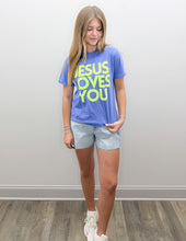 Load image into Gallery viewer, Jesus Loves You Neon Puff Tee in Flo Blue